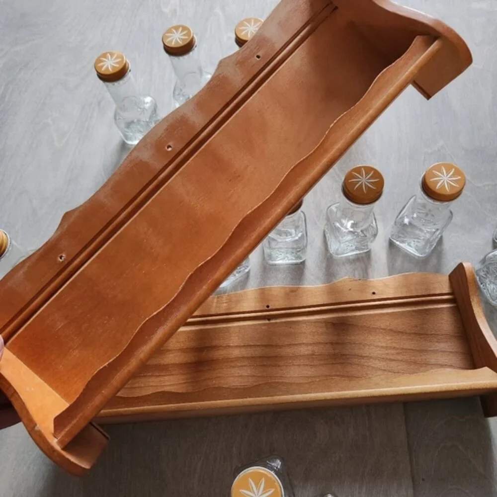 70's Wooden Spice‎ Rack with Glass Jars